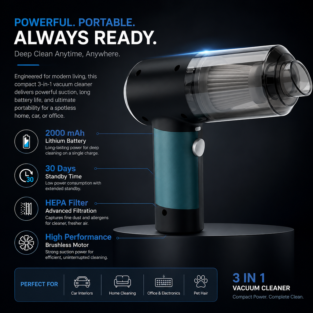 Mini Portable 3-in-1 Vacuum Cleaner – Cordless Handheld for Home, Car & Desk